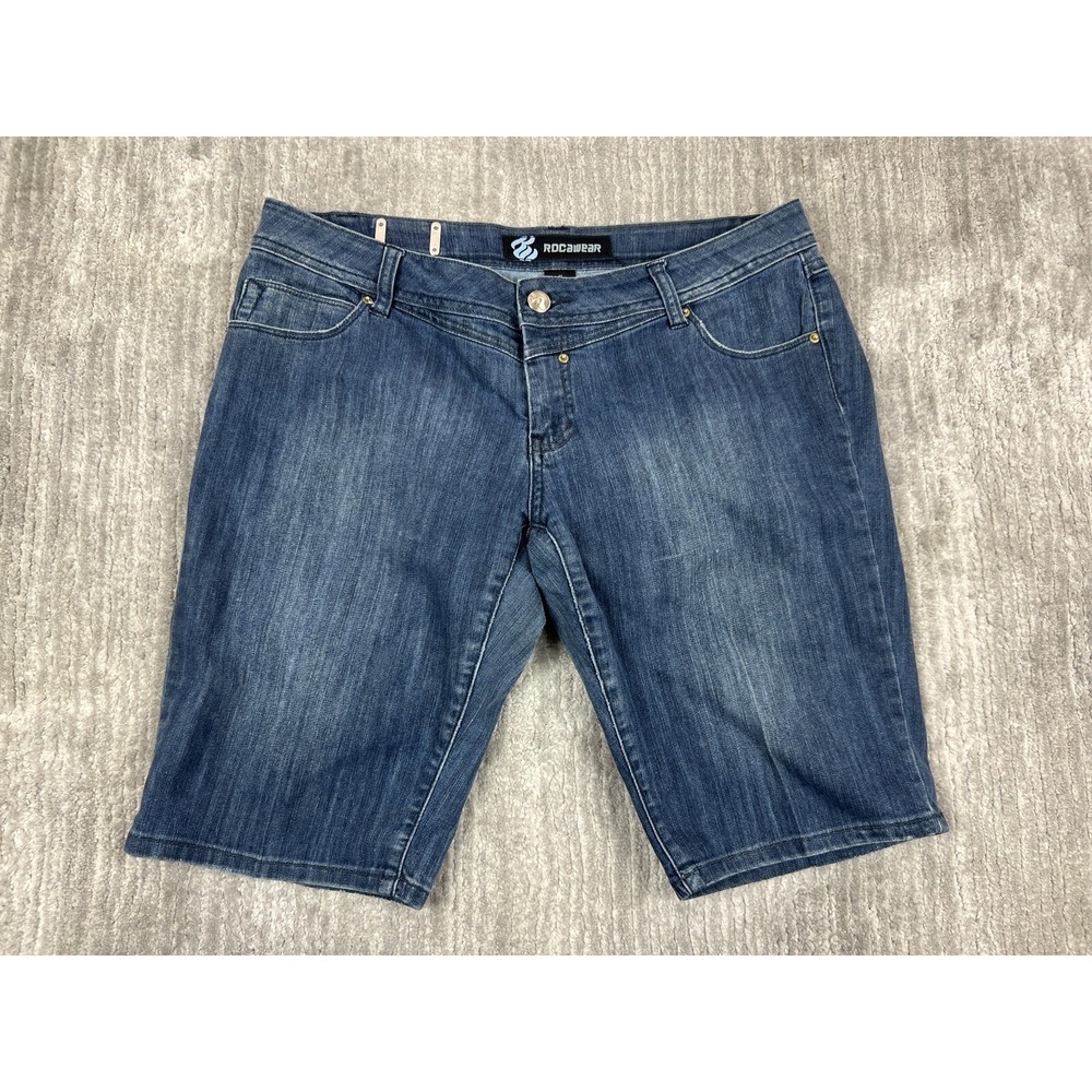 Rocawear Denim Shorts Women 11 Blue Embroidered Back Pockets Knee Length Stretch
